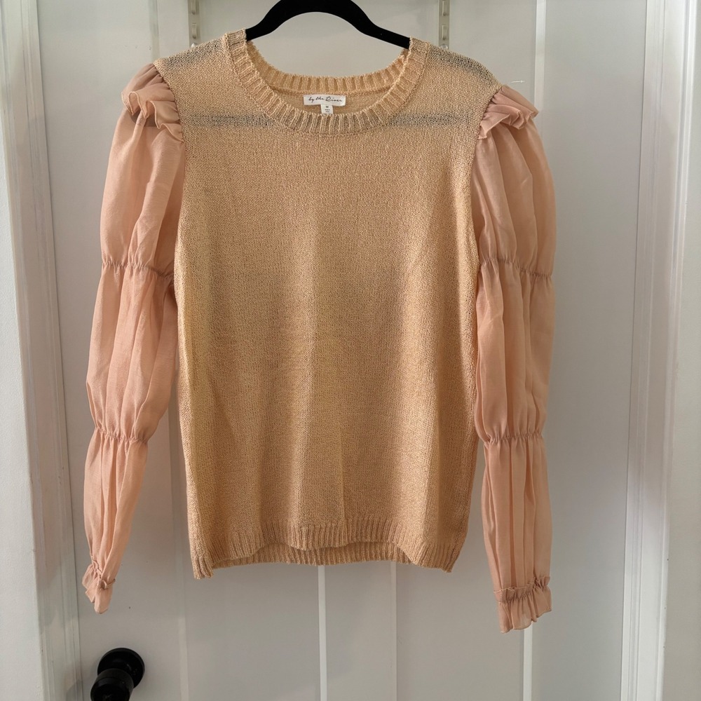 Blush Pink Knit Top By the River Sheer‎ Tiered Puff Sleeve Ruffle Detail Medium